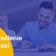 Uśmiechnięty mężczyzna podpisuje dokumenty, a kobieta patrzy z aprobatą. Tekst: "Wykreślenie hipoteki".