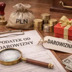 Dokument "Podatek od darowizny" obok prezentu, worka z PLN i monet. Sprawdź, jak obliczyć darowizna nieruchomość podatek.
