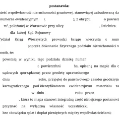 Postanowienie o zniesieniu współwłasności nieruchomości gruntowej w Warszawie, z podziałem fizycznym działki i wyznaczeniem granic.