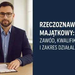 Mężczyzna w garniturze pisze na dokumencie, przygotowując się do egzaminu na rzeczoznawcę majątkowego. Obok stoi model domu.