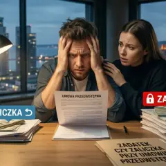 Para analizuje umowę przedwstępną sprzedaży nieruchomości, zastanawiając się nad zadatkiem.
