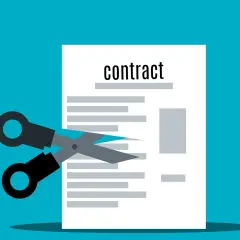 Nożyczki przecinają dokument z napisem "contract". To symbol wypowiedzenia umowy najmu wzór przez najemcę.