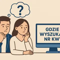 Para zastanawia się, gdzie znaleźć numer księgi wieczystej. Na ekranie komputera widnieje pytanie "GDZIE WYYSZUKAĆ NR KW?".