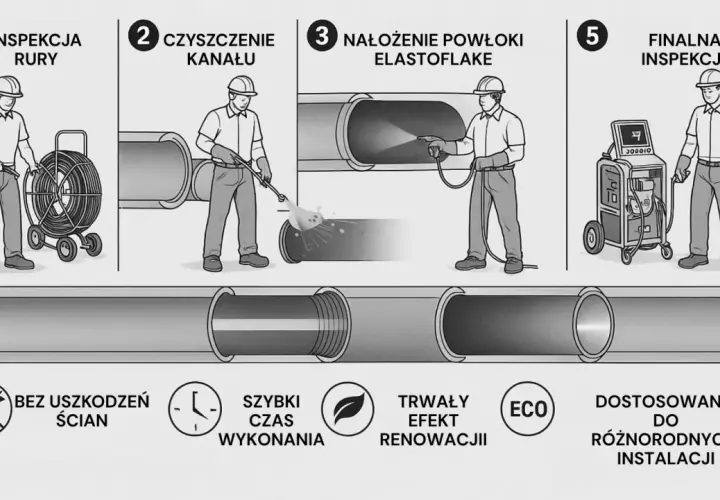 Proces naprawy rur kanalizacyjnych: inspekcja, czyszczenie, nałożenie powłoki, finalna inspekcja. Bez uszkodzeń ścian, szybki czas wykonania, trwały efekt.