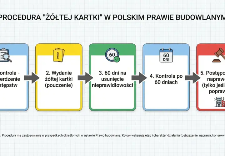 Procedura "żółtej kartki" w polskim prawie budowlanym: kontrola, wydanie kartki, 60 dni na usunięcie nieprawidłowości, kontrola po 60 dniach, postępowanie naprawcze.