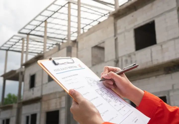 Ręce trzymają dokument "House Quality Inspection" na tle budowy. Trwa roczny przegląd budynku, a inspektor notuje uwagi.