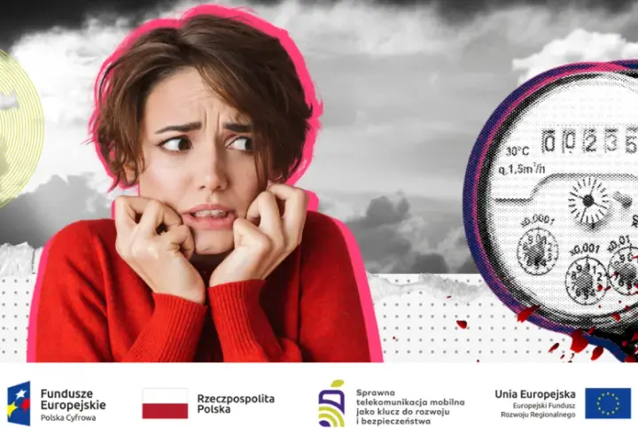 Przerażona kobieta obok wodomierza radiowego, sugerującego wady i problemy.