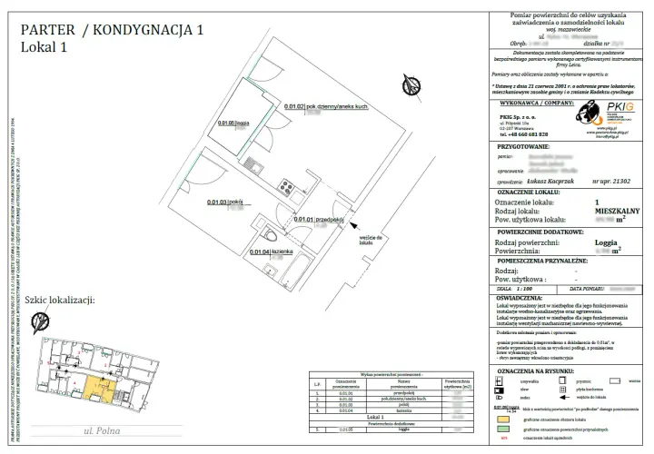 Plan lokalu mieszkalnego z danymi do zaświadczenia o samodzielności lokalu. Widoczny układ pomieszczeń: przedpokój, pokój, łazienka, aneks kuchenny i loggia.