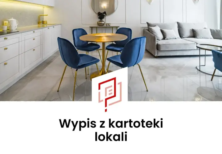 Nowoczesna kuchnia i salon z granatowymi krzesłami, złotym stołem i sofą. Wypis z kartoteki lokali.