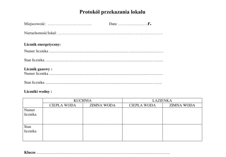Protokół zdawczo odbiorczy najem: dane lokalu, liczniki (energetyczny, gazowy, wodne w kuchni i łazience) oraz klucze.