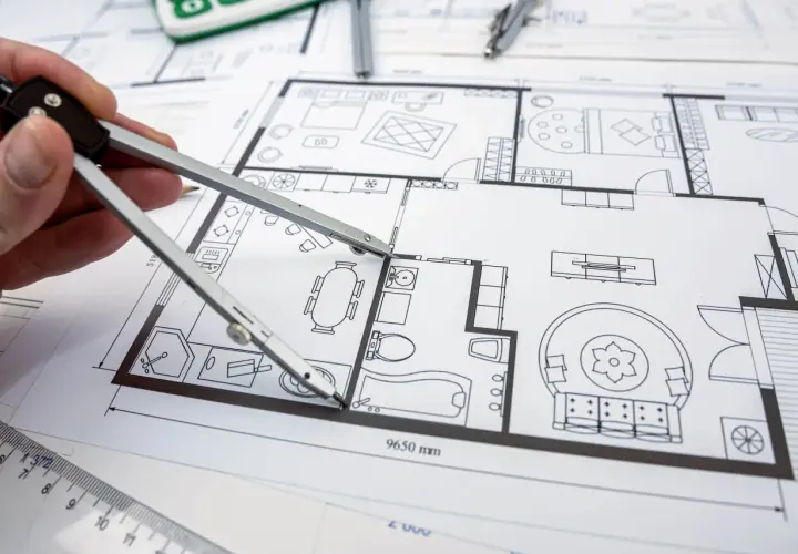 Rysunek techniczny z zaznaczonymi zmianami istotnymi w projekcie budowlanym. Dłoń z cyrklem nad planem mieszkania.