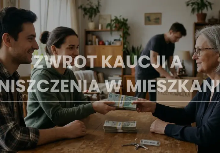 Młoda para oddaje pieniądze starszej kobiecie, klucze do mieszkania i stos banknotów na stole. Czy brudne ściany wpłyną na zwrot kaucji?