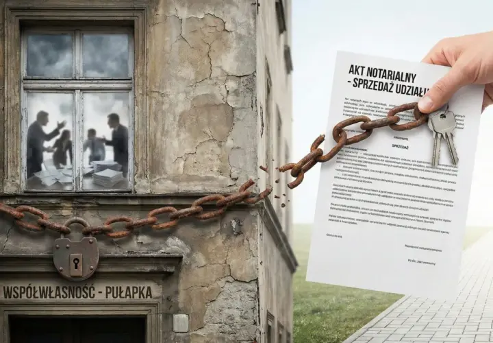 Akt notarialny "Sprzedaż udziału" z kluczami i zerwanym łańcuchem symbolizuje problem, czy można sprzedać współwłasność bez zgody współwłaściciela.