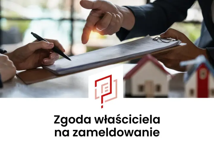 Podpisanie dokumentu: oświadczenie o wyrażeniu zgody na zamieszkanie najemcy w lokalu. W tle małe domki.
