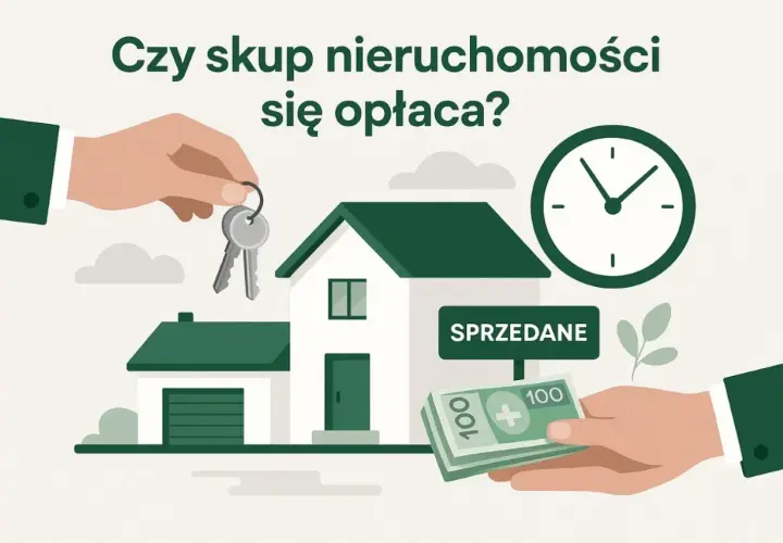 Ręce wymieniają klucze do domu na pieniądze. Czy skup nieruchomości się opłaca? Zegar symbolizuje czas.