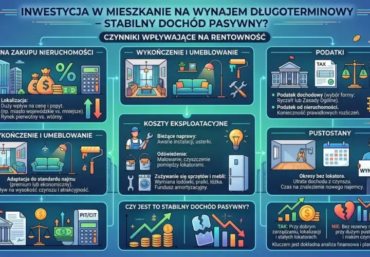 Schemat analizuje czynniki wpływające na rentowność inwestycji w mieszkanie na wynajem. Kluczem do stabilnego dochodu pasywnego jest dokładna analiza finansowa i planowanie.