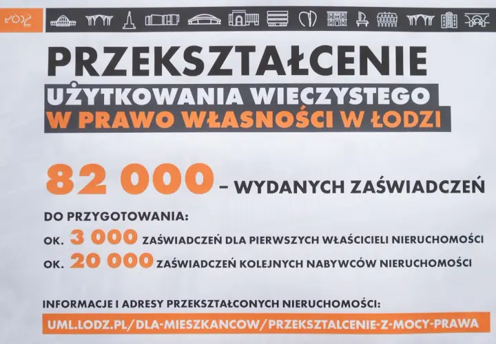 Przekształcenie użytkowania wieczystego we własność w Łodzi: wydano 82 000 zaświadczeń. Informacje o opłacie za przekształcenie znajdziesz na uml.lodz.pl.