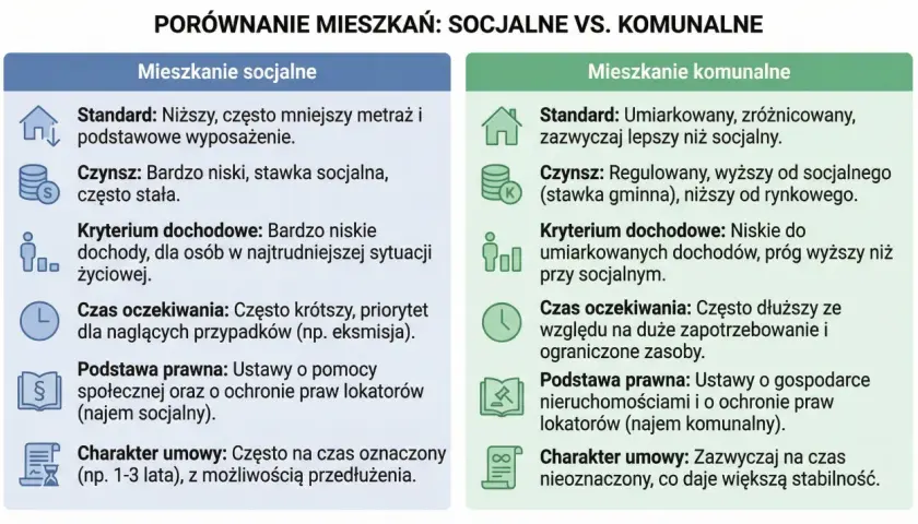 Porównanie mieszkań: socjalne vs. komunalne. Mieszkanie komunalne to uregulowany najem, niższy od rynkowego, z zazwyczaj dłuższym czasem oczekiwania.
