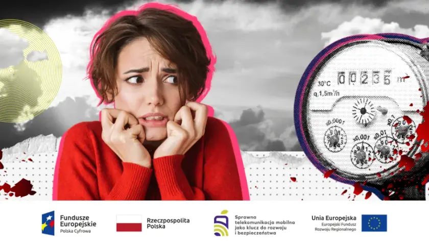 Przerażona kobieta obok wodomierza radiowego, sugerującego wady i problemy.