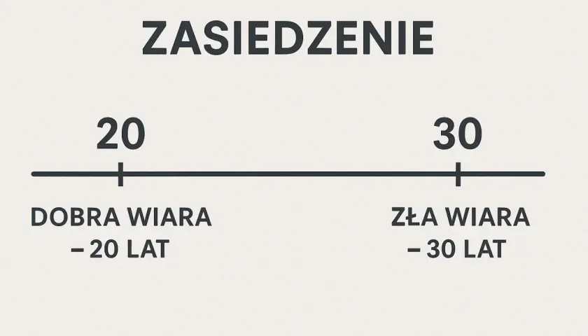 Zasiedzenie: dobra wiara – 20 lat, zła wiara – 30 lat. Skala pokazuje, ile lat potrzeba do zasiedzenia w zależności od dobrej lub złej wiary.