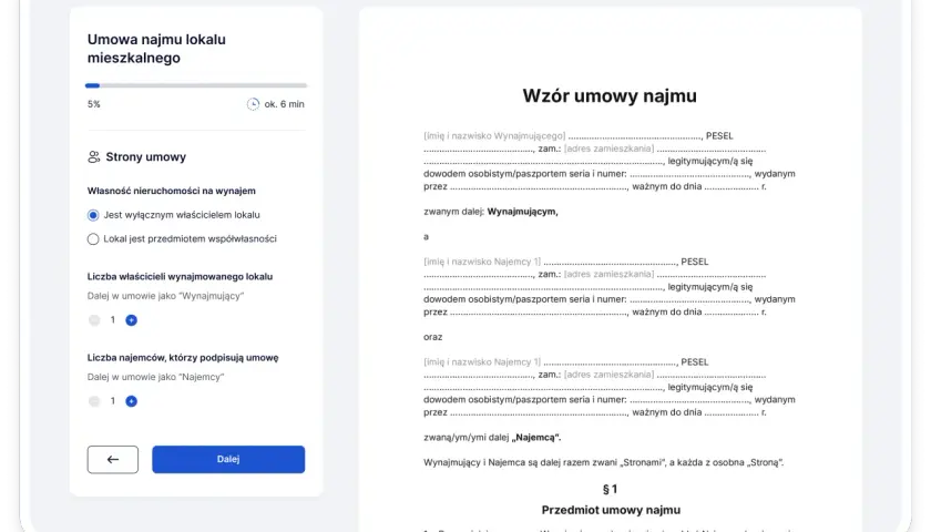 Formularz tworzenia umowy najmu mieszkania. Określanie stron umowy, właściciela i liczby najemców. Różne rodzaje najmu mieszkania.