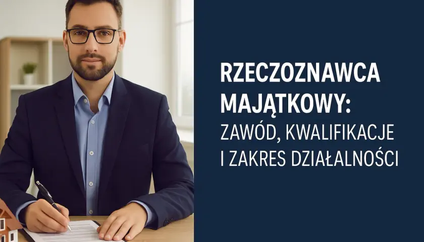 Mężczyzna w garniturze pisze na dokumencie, przygotowując się do egzaminu na rzeczoznawcę majątkowego. Obok stoi model domu.