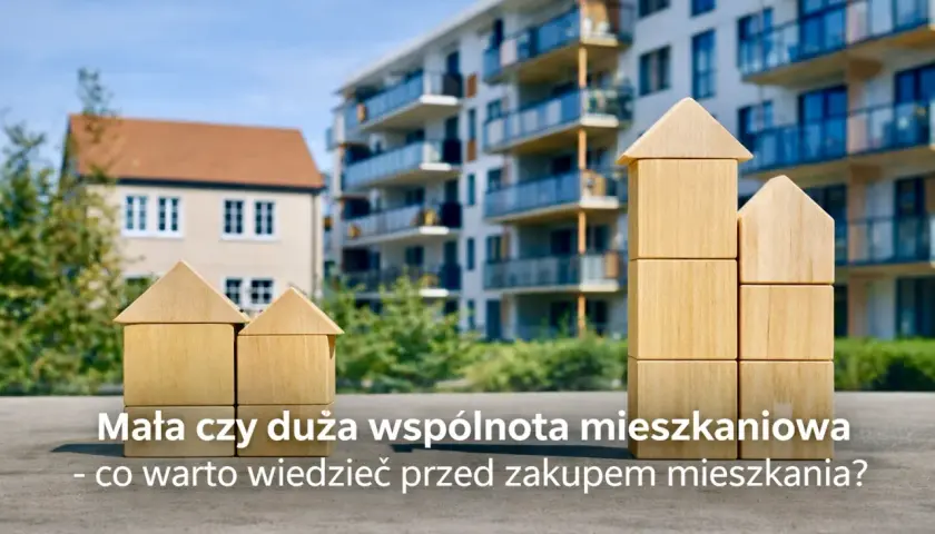 Drewniane klocki w kształcie domów symbolizują małą wspólnotę mieszkaniową. Przepisy dotyczące wspólnoty są kluczowe przed zakupem mieszkania.
