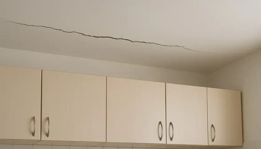 Długie pęknięcie na suficie nad szafkami kuchennymi. To może być dowód na odpowiedzialność dewelopera za pęknięcia ścian.