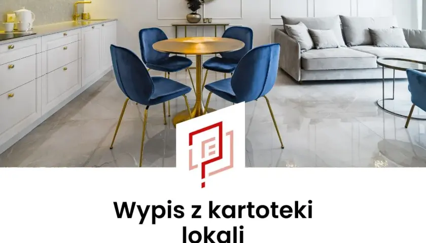 Nowoczesna kuchnia i salon z granatowymi krzesłami, złotym stołem i sofą. Wypis z kartoteki lokali.