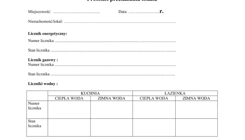 Protokół zdawczo odbiorczy najem: dane lokalu, liczniki (energetyczny, gazowy, wodne w kuchni i łazience) oraz klucze.