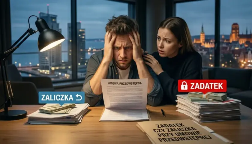 Para analizuje umowę przedwstępną sprzedaży nieruchomości, zastanawiając się nad zadatkiem.