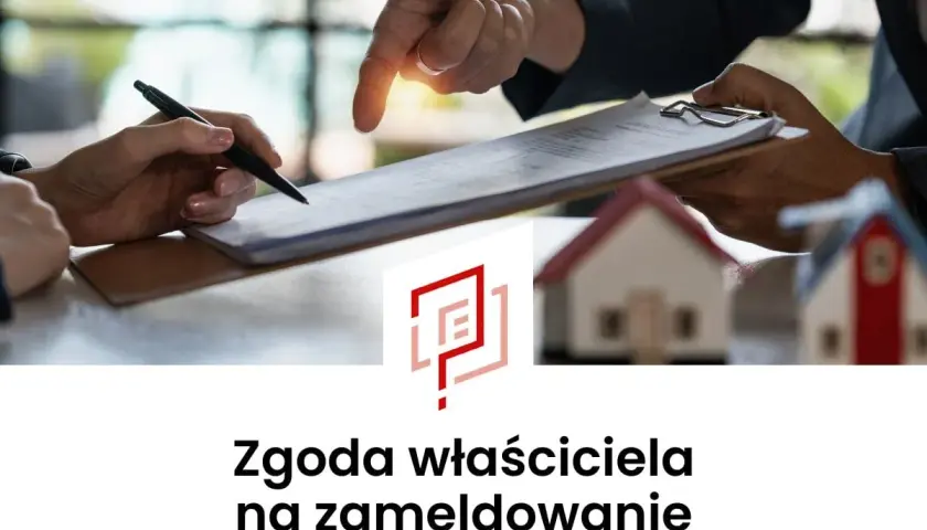 Podpisanie dokumentu: oświadczenie o wyrażeniu zgody na zamieszkanie najemcy w lokalu. W tle małe domki.