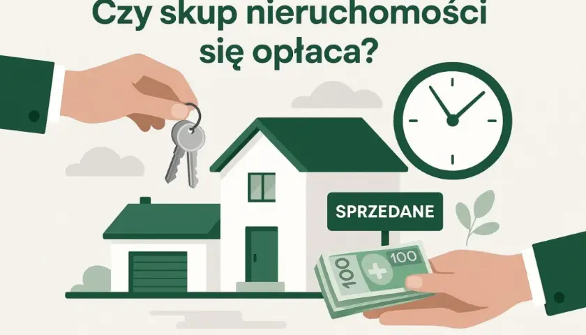 Ręce wymieniają klucze do domu na pieniądze. Czy skup nieruchomości się opłaca? Zegar symbolizuje czas.