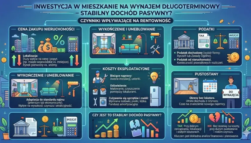 Schemat analizuje czynniki wpływające na rentowność inwestycji w mieszkanie na wynajem. Kluczem do stabilnego dochodu pasywnego jest dokładna analiza finansowa i planowanie.