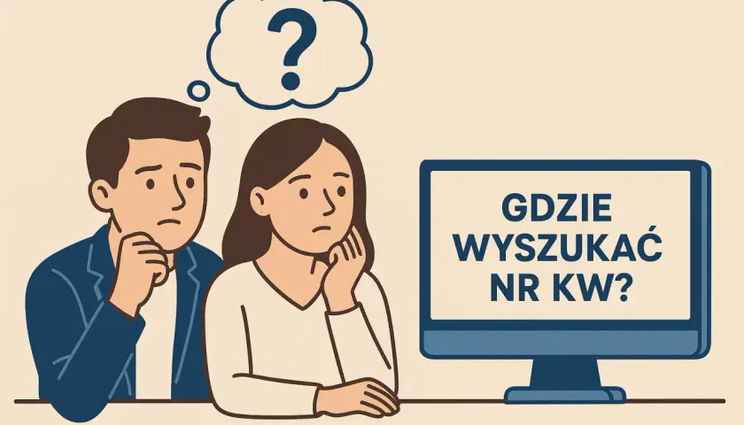 Para zastanawia się, gdzie znaleźć numer księgi wieczystej. Na ekranie komputera widnieje pytanie "GDZIE WYYSZUKAĆ NR KW?".