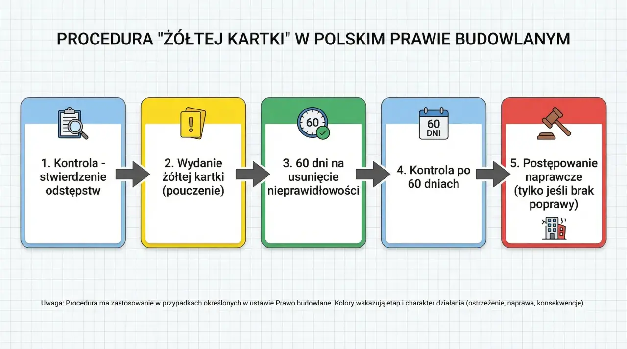 Procedura "żółtej kartki" w polskim prawie budowlanym: kontrola, wydanie kartki, 60 dni na usunięcie nieprawidłowości, kontrola po 60 dniach, postępowanie naprawcze.