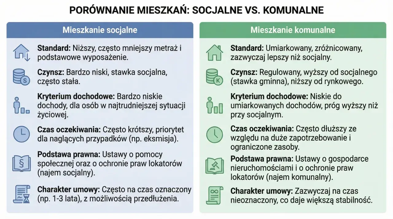 Porównanie mieszkań: socjalne vs. komunalne. Dowiedz się, jak dostać mieszkanie socjalne – niższy standard, czynsz, kryterium dochodowe.