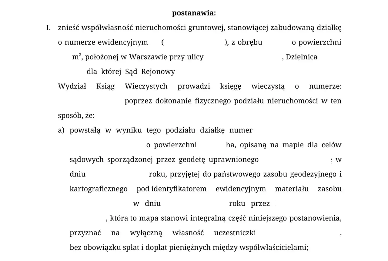 Postanowienie o zniesieniu współwłasności nieruchomości gruntowej w Warszawie, z podziałem fizycznym działki i wyznaczeniem granic.