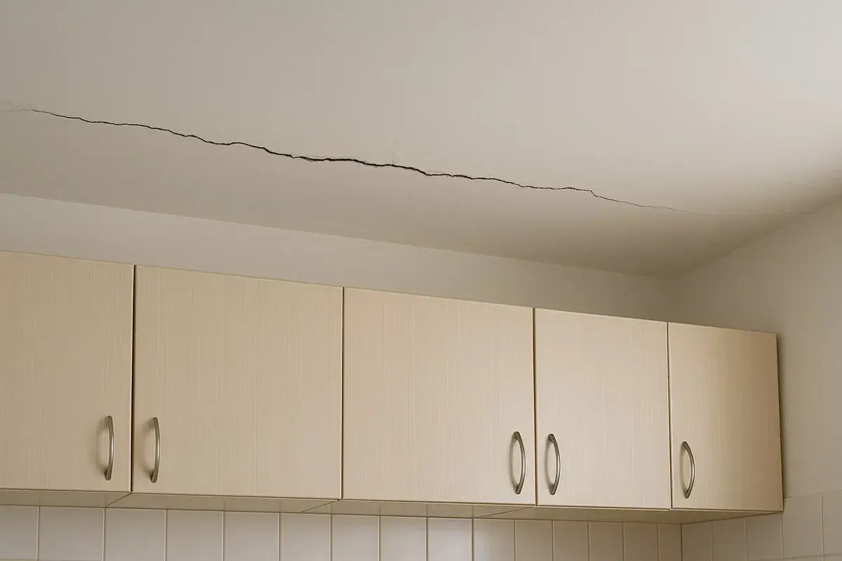 Długie pęknięcie na suficie nad szafkami kuchennymi. To może być dowód na odpowiedzialność dewelopera za pęknięcia ścian.