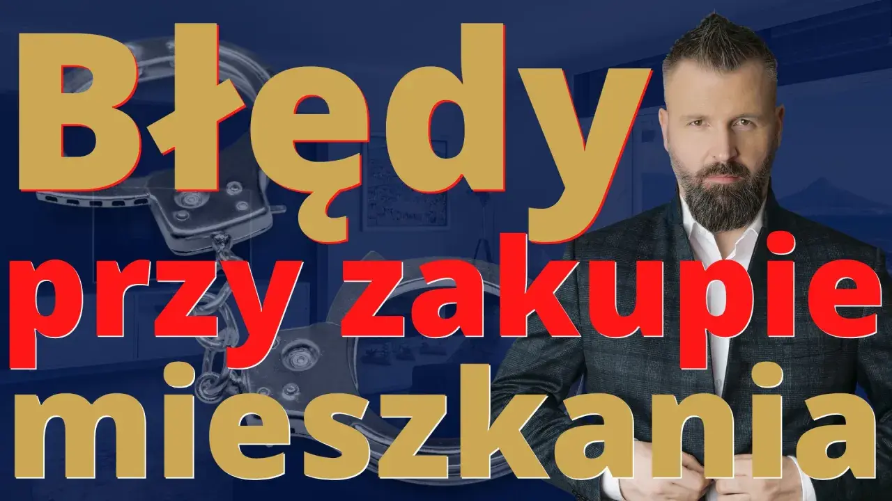Mężczyzna w garniturze i kajdanki na tle wnętrza. Dowiedz się, na co zwrócić uwagę przy kupnie mieszkania, by uniknąć błędów.
