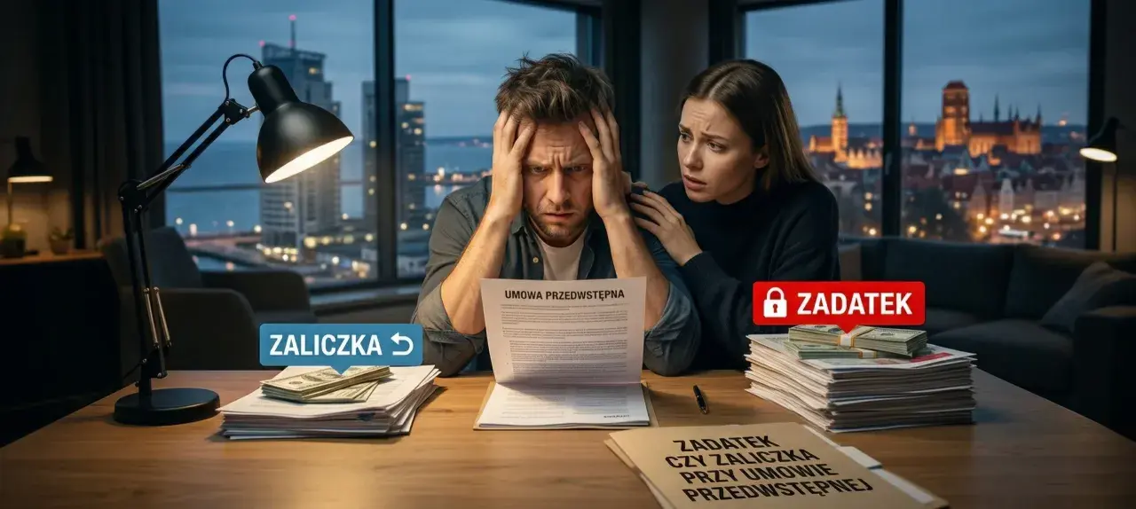Para analizuje umowę przedwstępną sprzedaży nieruchomości, zastanawiając się nad zadatkiem.