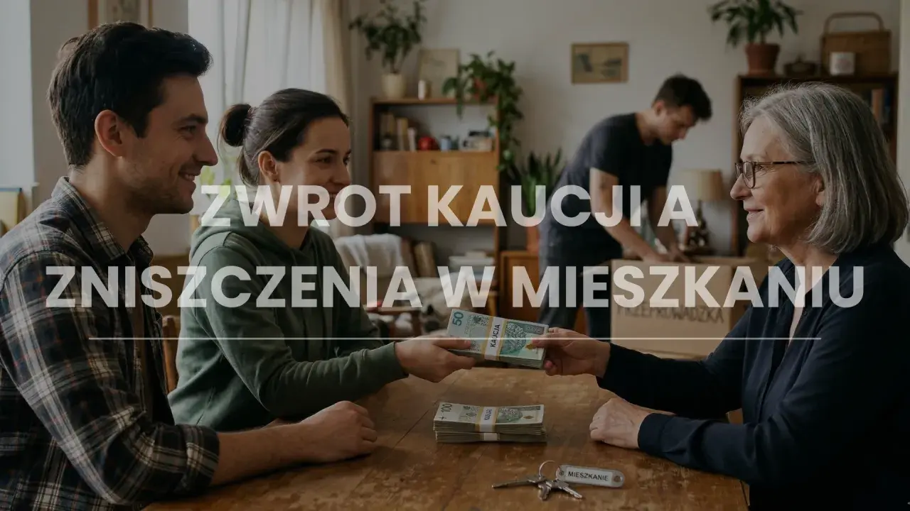 Młoda para oddaje pieniądze starszej kobiecie, klucze do mieszkania i stos banknotów na stole. Czy brudne ściany wpłyną na zwrot kaucji?