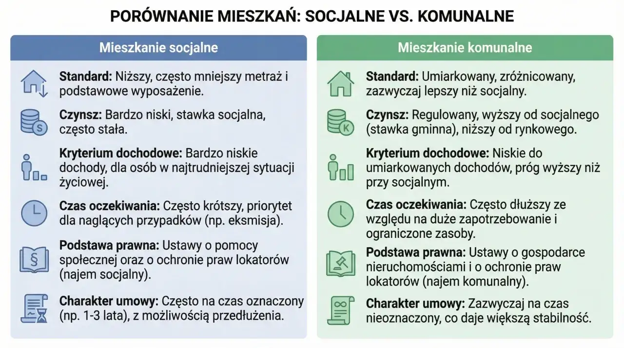 Porównanie mieszkań: socjalne vs. komunalne. Dowiedz się, jak dostać mieszkanie socjalne – niższy standard, czynsz, kryterium dochodowe.