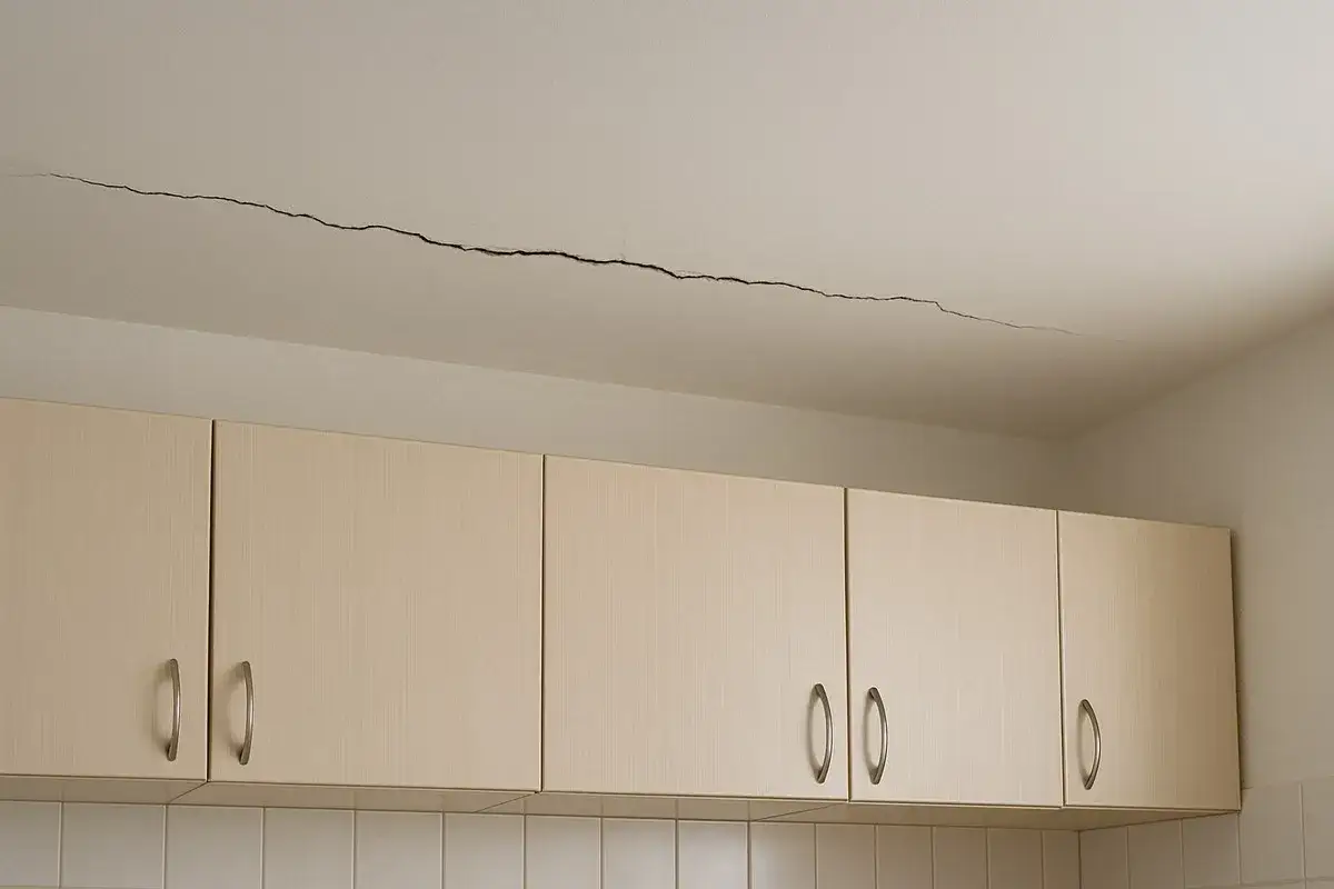 Długie pęknięcie na suficie nad szafkami kuchennymi. Wskazuje na potencjalną odpowiedzialność dewelopera za pęknięcia ścian i stropów.