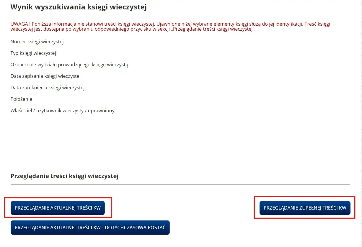 Wynik wyszukiwania księgi wieczystej. Tu znajdziesz numer księgi wieczystej i inne dane. Kliknij 