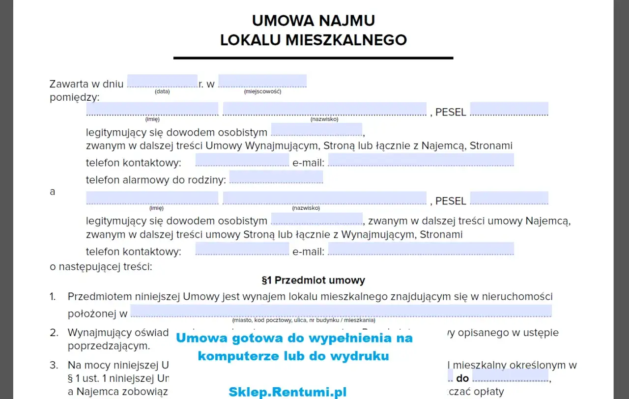 Wzór umowy najmu lokalu mieszkalnego. Dokument zawiera pola do wypełnienia danych stron, PESEL, kontaktów, a także opis przedmiotu umowy.