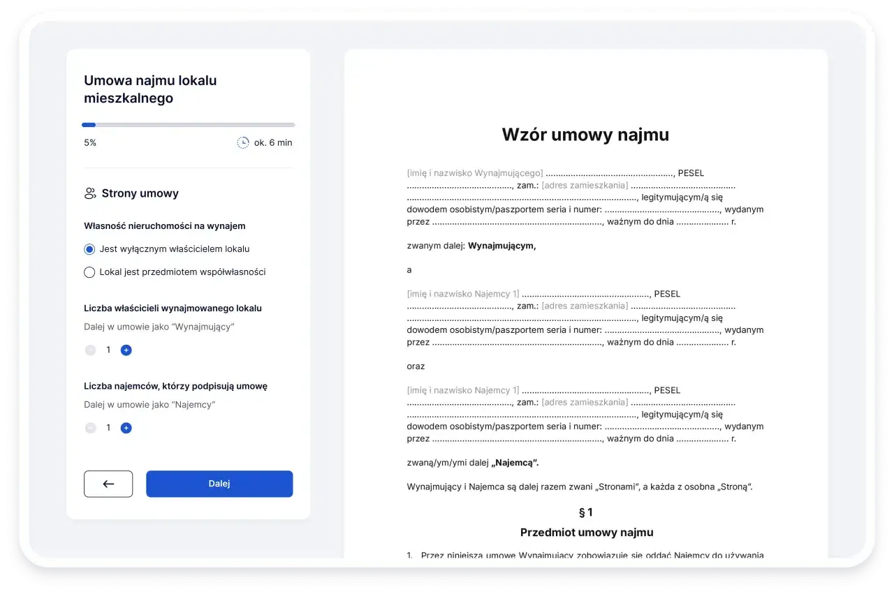 Tworzenie umowy najmu mieszkania. Formularz pozwala wybrać rodzaje najmu mieszkania, określić strony umowy i liczbę najemców.