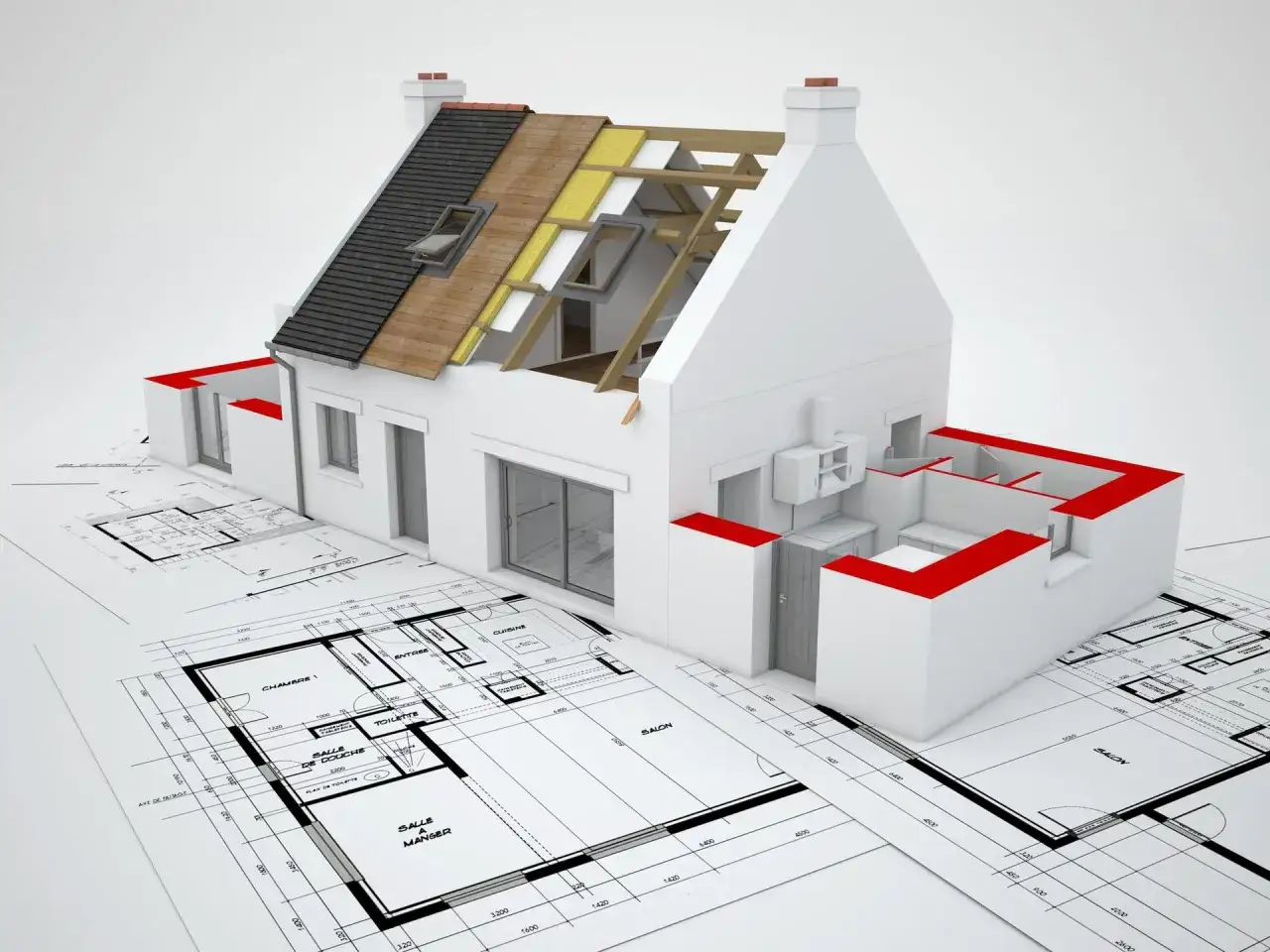 Model domu na planach architektonicznych, z odsłoniętym dachem ukazującym izolację. Pokazuje, jak zaznaczyć zmiany nieistotne w projekcie.
