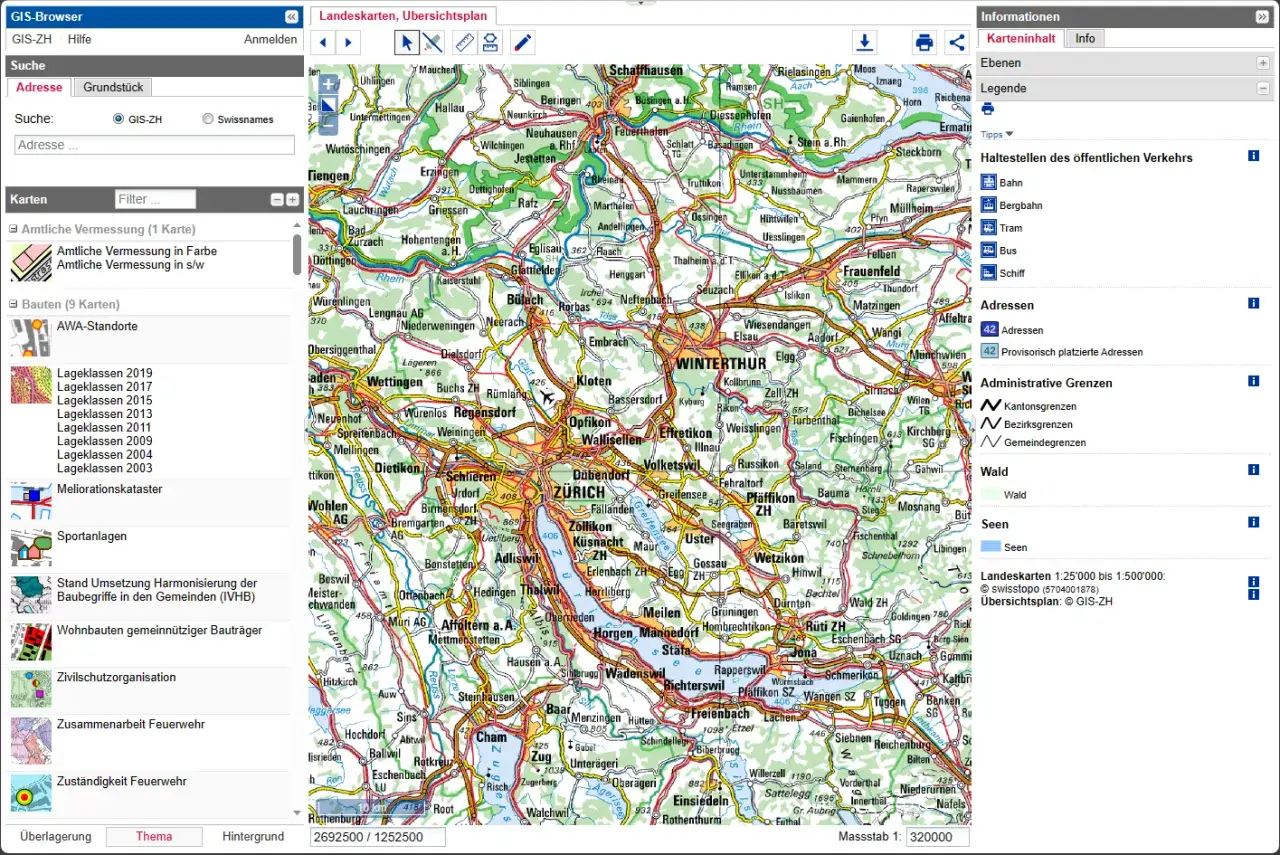 GIS-Browser: wyszukaj działkę, aby znaleźć numer księgi wieczystej. Mapa pokazuje obszar Zurychu i okolic.