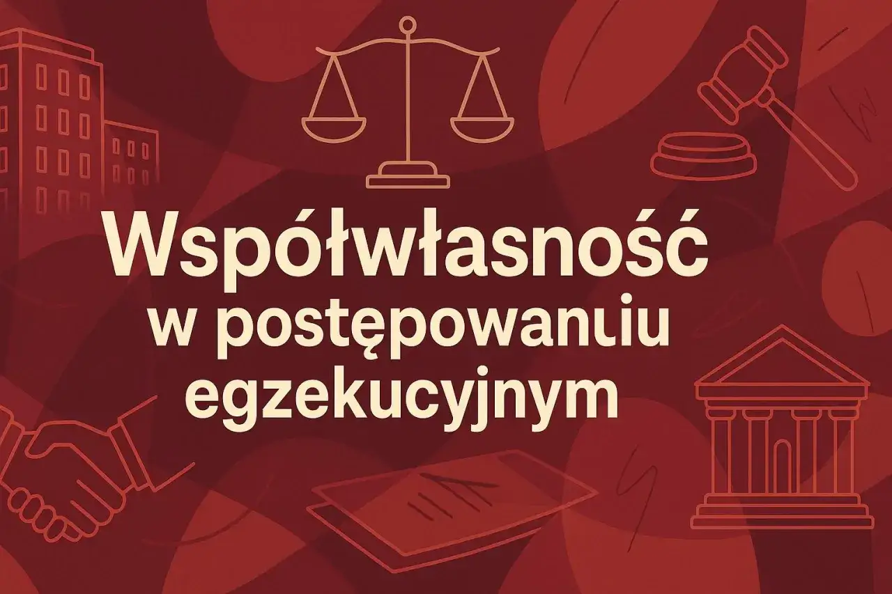 Współwłasność w postępowaniu egzekucyjnym. Czy komornik może zająć mieszkanie, którego jestem współwłaścicielem? Grafika z ikonami sądu, młotka, wagi i budynków.